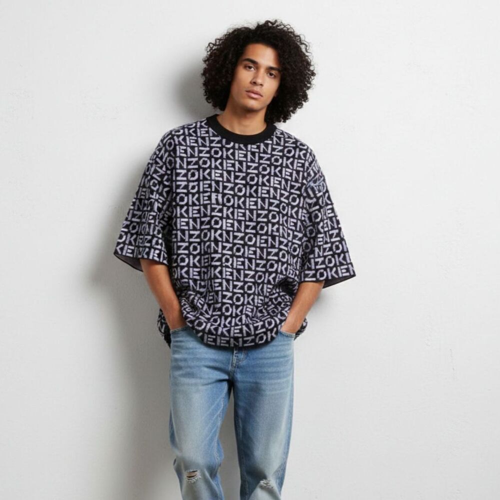 Kenzo Monogram Logo Sweater Top Men XL Purple Black All-Over Print Oversized